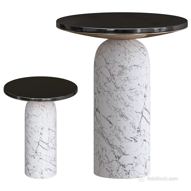 Modern Round Side Tables With White Marble Pedestals And Black Circular Tops In Two Sizes 3d model 