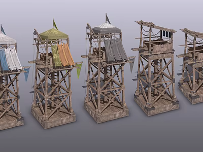 Medieval Wooden Watchtowers With Diverse Roof Designs And Hanging Cloth Details 3d model