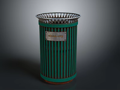 Architectural Style Green Metal Trash Bin Featuring Clean City Sign And Grid Top 3d model
