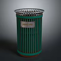 Architectural Style Green Metal Trash Bin Featuring Clean City Sign And Grid Top