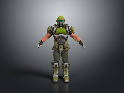 Man In Green Military Armor Standing With Protective Helmet And Gear Pose 3d model