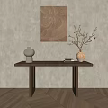 Stylish Console Table with Decorative Painting Gray Vase Books and Branch Decor on Wooden Floor Light Wall