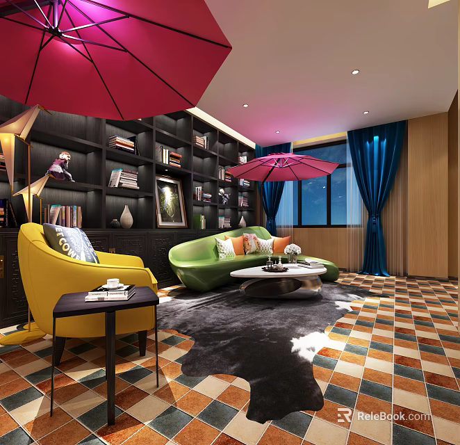 Modern Front Desk Reception Space With Red Umbrella Decor Green Sofa Yellow Armchair And Bookshelves 3d model 