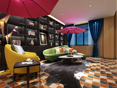 Modern Front Desk Reception Space With Red Umbrella Decor Green Sofa Yellow Armchair And Bookshelves 3d model