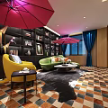 Modern Front Desk Reception Space With Red Umbrella Decor Green Sofa Yellow Armchair And Bookshelves