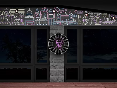 Neon Decorative Lights With Colorful Building Silhouettes And Figures Above Storefront Night Scene 3d model