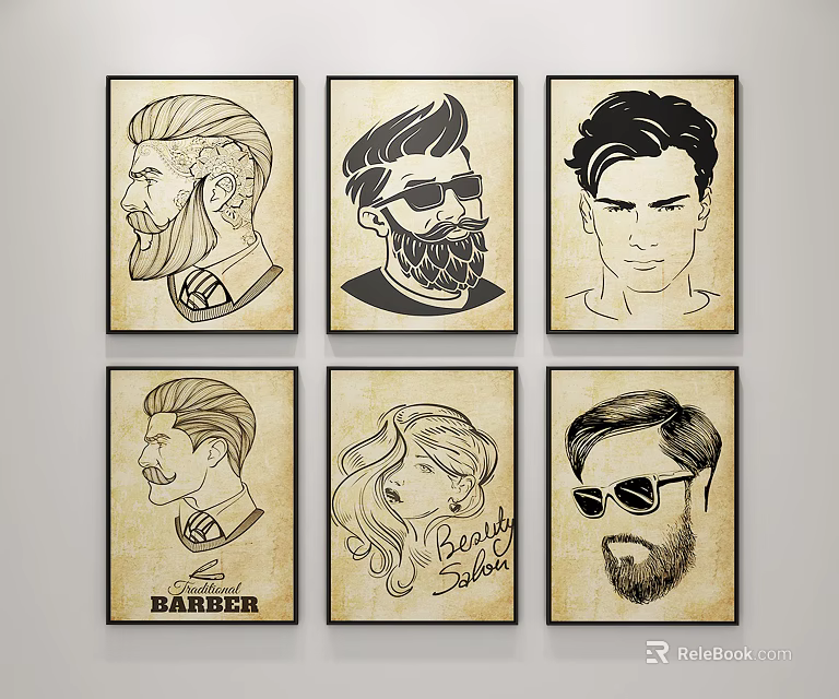 Vintage Character Portraits with Hairstyles Beards and Sunglasses Barber Shop and Beauty Salon Artwork 3d model 