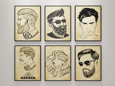 Vintage Character Portraits with Hairstyles Beards and Sunglasses Barber Shop and Beauty Salon Artwork 3d model