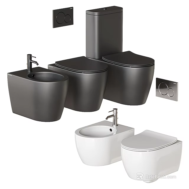 Modern Black And White Toilets With Sleek Design And Bathroom Fixtures 3d model 