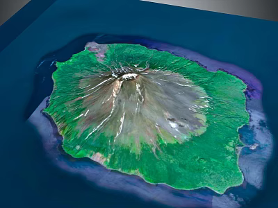 Aerial View of Island Landscape with Central Volcano Green Vegetation and Blue Ocean 3d model