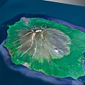 Aerial View of Island Landscape with Central Volcano Green Vegetation and Blue Ocean