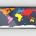 Colorful Building Blocks Forming World Map With Blue Grid Background And White Ocean Areas
