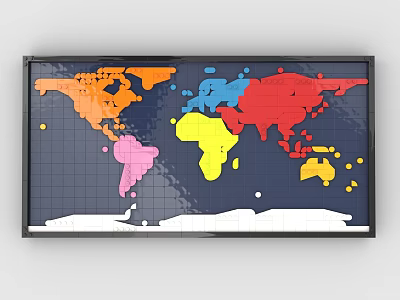 Colorful Building Blocks Forming World Map With Blue Grid Background And White Ocean Areas 3d model