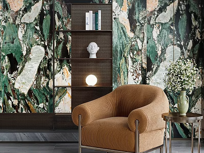 Brown Textured Single Seater Sofa In Room With Green Marble Wallpaper Side Table And Bookshelf 3d model