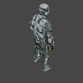 Detailed Futuristic Armored Character In Tech Suit Standing Against Orange Background
