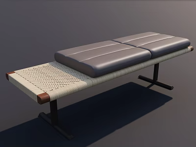 Public Bench With Gray Cushioned Seats Woven Panel And Black Metal Frame 3d model
