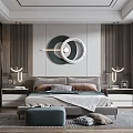 Modern Bedroom Interior Design With Circular Decorative Wall Art Nightstands And Ottoman