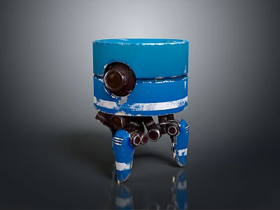Blue Sci Fi Robot With Round Eye White Stripes Cylindrical Body And Mechanical Legs 3d model