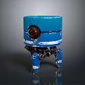 Blue Sci Fi Robot With Round Eye White Stripes Cylindrical Body And Mechanical Legs