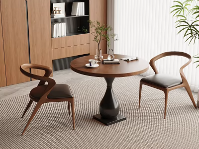 Stylish Dining Area Interior With Round Wooden Table Stylish Chairs Black Cushions Vase And Books 3d model