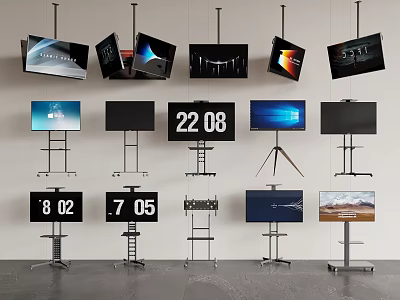 Multiple TVs Hanging And On Stands With Time Displays Scenic Views And Interfaces 3d model