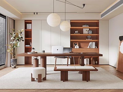 Modern Middle-ancient Style Study Bookcase Desk Chair Wooden Stool Book Ornaments Spherical Chandelier Potted Plant Green Plant Decorative Painting 3d model