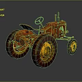 Vintage Red Tractor With Large Wheels And Yellow Rims On Gray Background