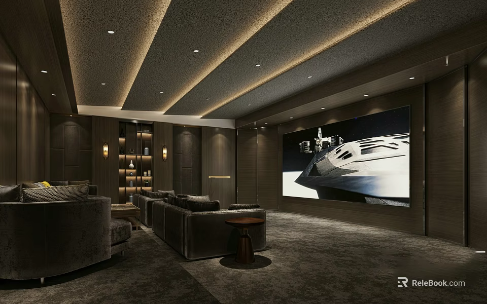 Luxurious Home Theater Interior With Dark Sofas Large Yacht Screen Ceiling Strips And Carpet 3d model 