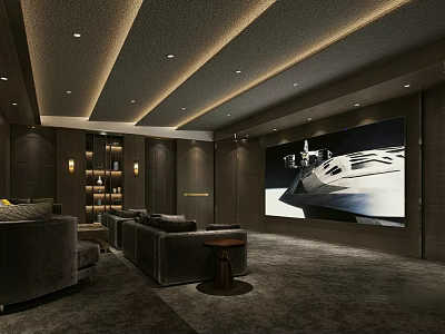 Luxurious Home Theater Interior With Dark Sofas Large Yacht Screen Ceiling Strips And Carpet 3d model