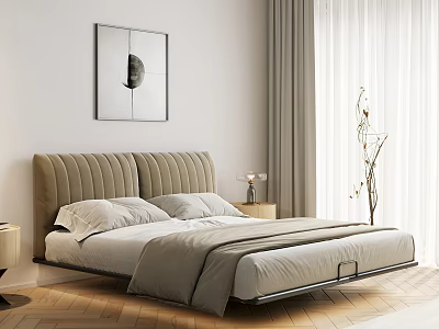 Double Bed with Striped Upholstered Headboard Light Sheets Pillows Nightstands Lamps Wall Art and Curtains 3d model