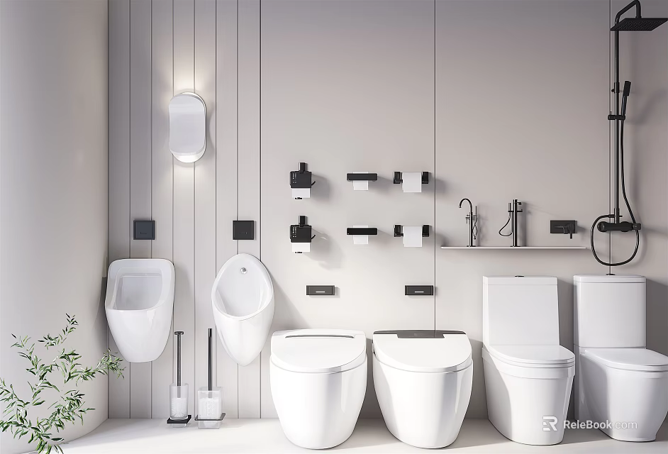 Modern Bathroom Suite With White Toilets Urinals And Wall Mounted Fixtures 3d model 