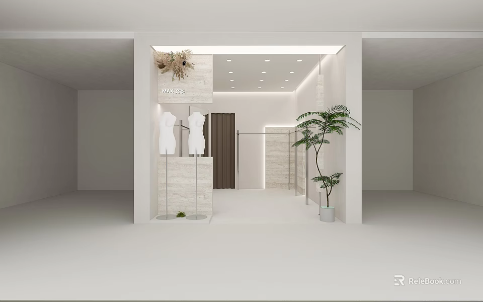 Modern Clothing Store Interior With White Mannequins Marble Display And Green Plant 3d model 