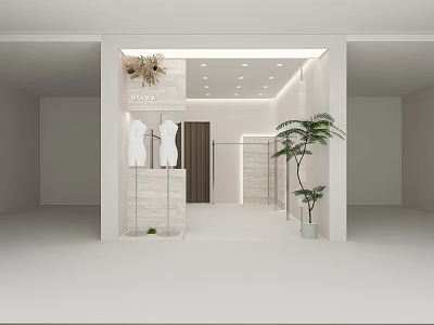 Modern Clothing Store Interior With White Mannequins Marble Display And Green Plant 3d model