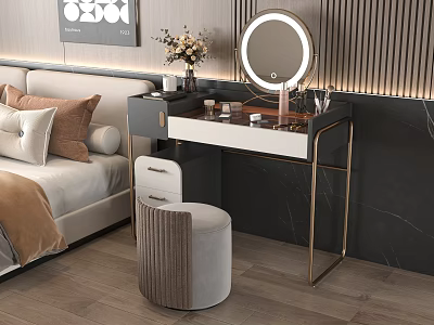 Modern Dressing Table with Round Mirror Stool and Flower Vase in Bedroom 3d model