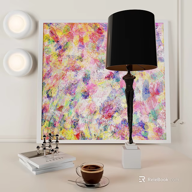 Stylish Black Shade Table Lamp with White Base Near Colorful Abstract Painting and Coffee Cup 3d model 