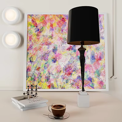 Stylish Black Shade Table Lamp with White Base Near Colorful Abstract Painting and Coffee Cup 3d model