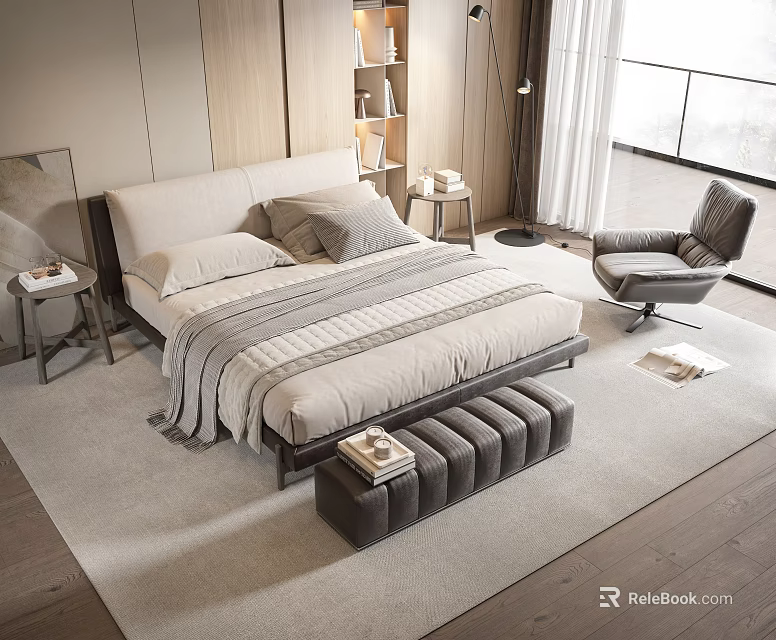 Modern Double Bed Room Interior Featuring Striped Blanket Pillows Nightstands Armchair Window And Wooden Floor 3d model 