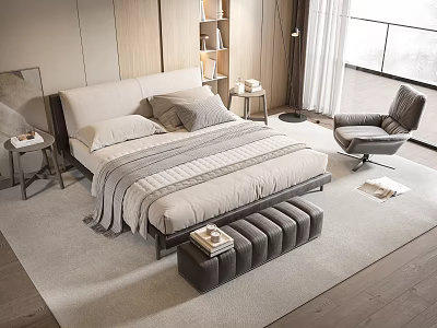 Modern Double Bed Room Interior Featuring Striped Blanket Pillows Nightstands Armchair Window And Wooden Floor 3d model
