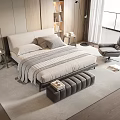 Modern Double Bed Room Interior Featuring Striped Blanket Pillows Nightstands Armchair Window And Wooden Floor