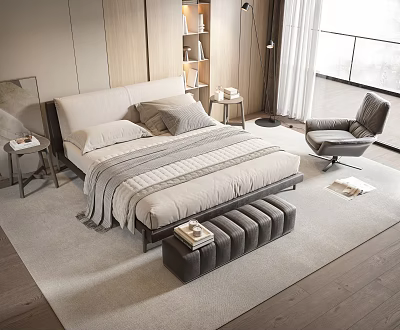Modern Double Bed Room Interior Featuring Striped Blanket Pillows Nightstands Armchair Window And Wooden Floor 3d model