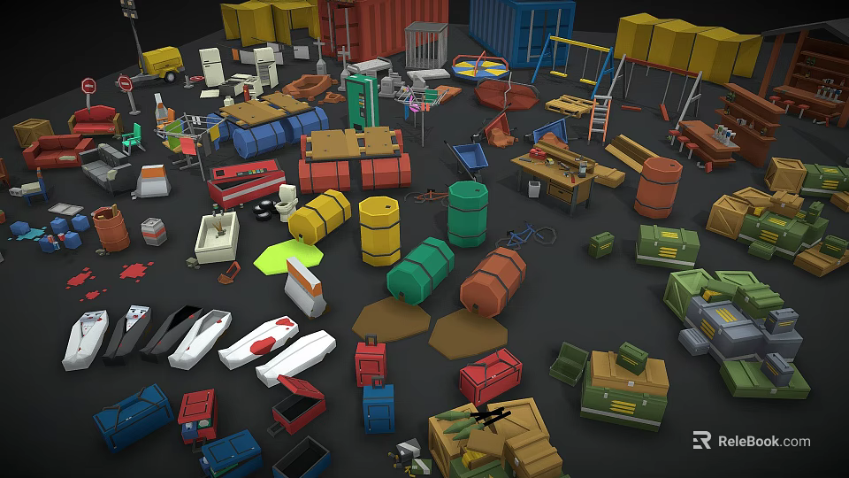 Decorative Ornament Combination with Various Colorful Barrels Boxes Toys and Tools 3d model 