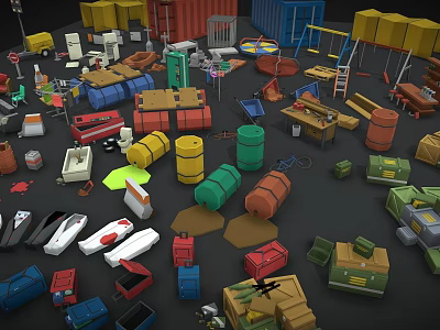 Decorative Ornament Combination with Various Colorful Barrels Boxes Toys and Tools 3d model