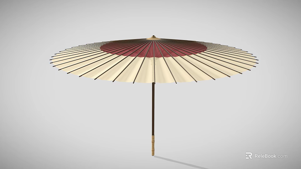 Traditional Style Umbrella With Cream And Deep Red Canopy Black Ribs Brown Handle Gold Accents 3d model 