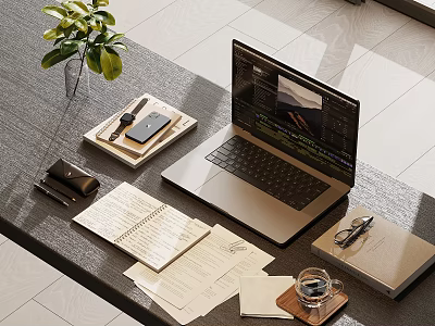 Organized Work Desk Setup With Laptop Notebook Pen Plant And Glasses 3d model