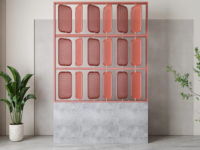 Modern Room Divider Featuring Pink Frame Dark Mesh Panels Gray Base and Green Plant 3d model
