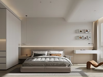 Modern Minimalist Bedroom Interior With Gray Bed Wardrobe Desk And Floating Shelves 3d model