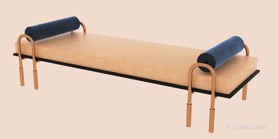 Stylish Sofa Bench with Beige Cushion Navy Blue Armrests and Brass Metal Legs 3d model 