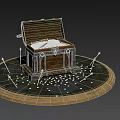 Open Wooden Chest Filled With Gold Coins On Circular Metal Base With Decorations And Candles
