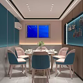 Modern Restaurant With Round Table Orange Chairs Marble Wall Circular Light Floor to Ceiling Window 3d model