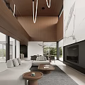 Modern Living Dining Room Interior With Open Layout Sofa Fireplace Marble Wall And Wooden Ceiling